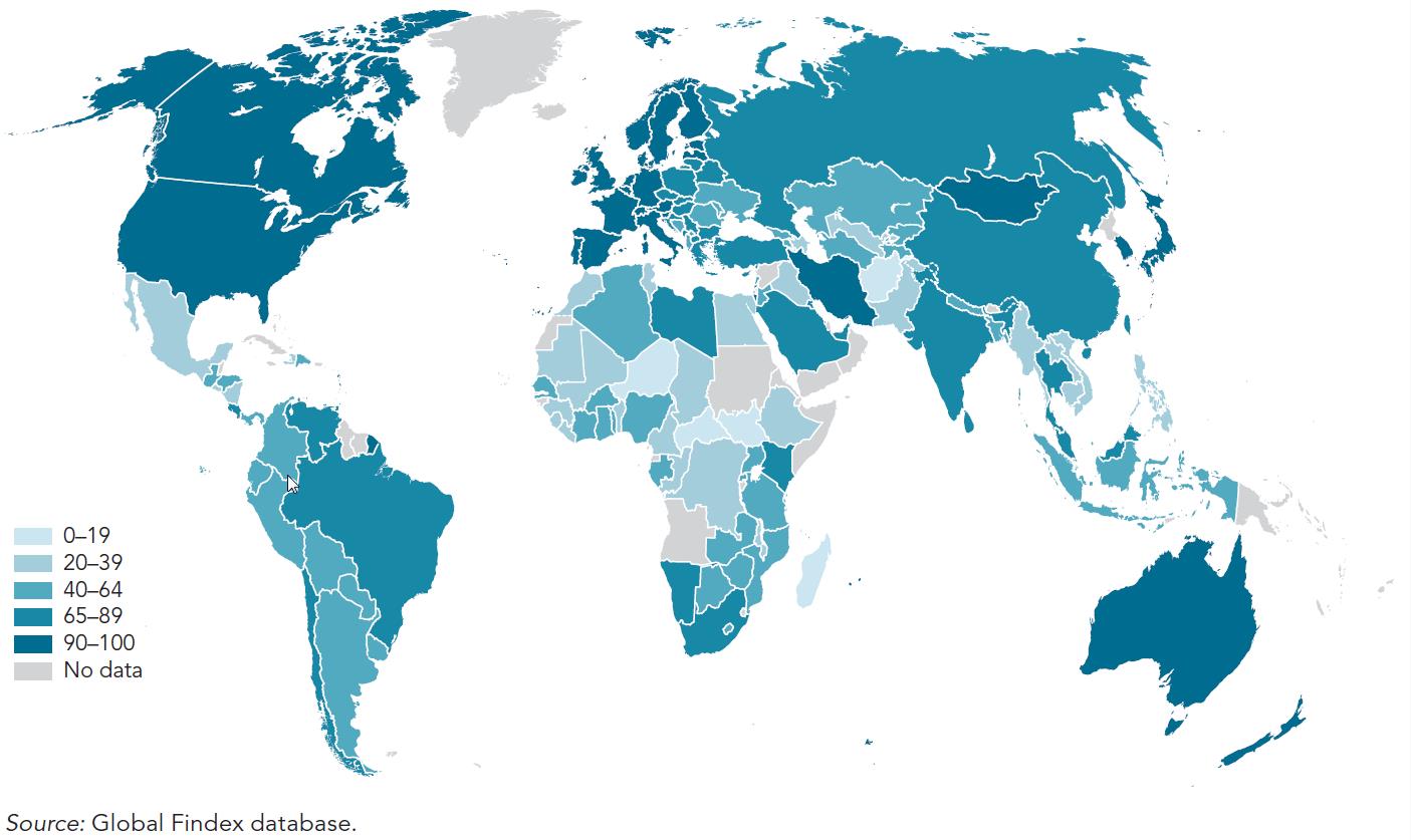 Grafik Weltkarte mit Erwachsenen mit einem Bankkonto